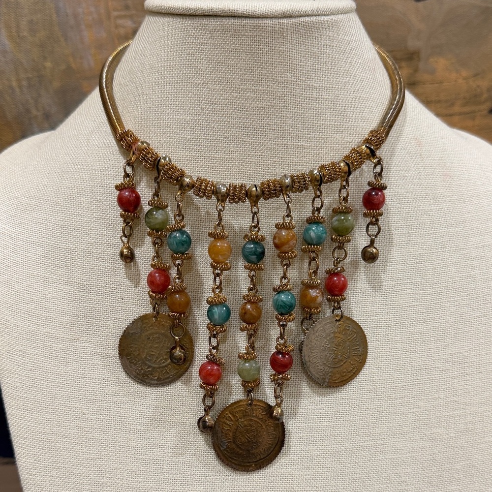 Bohemian Beaded Faux Coin Choker Necklace with Small Bells, Some Wear